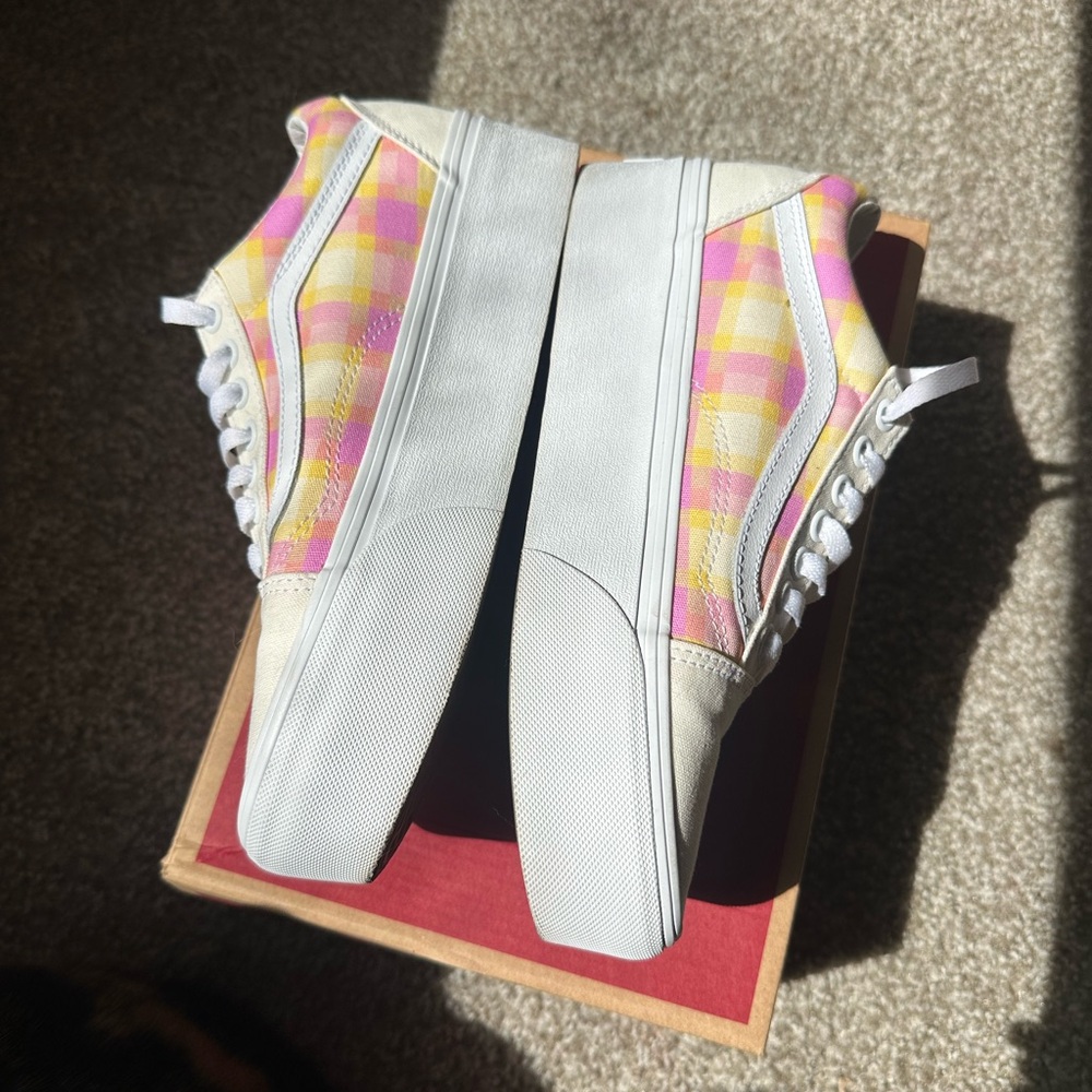 Pink and Yellow Plaid Women's Vans Sneakers